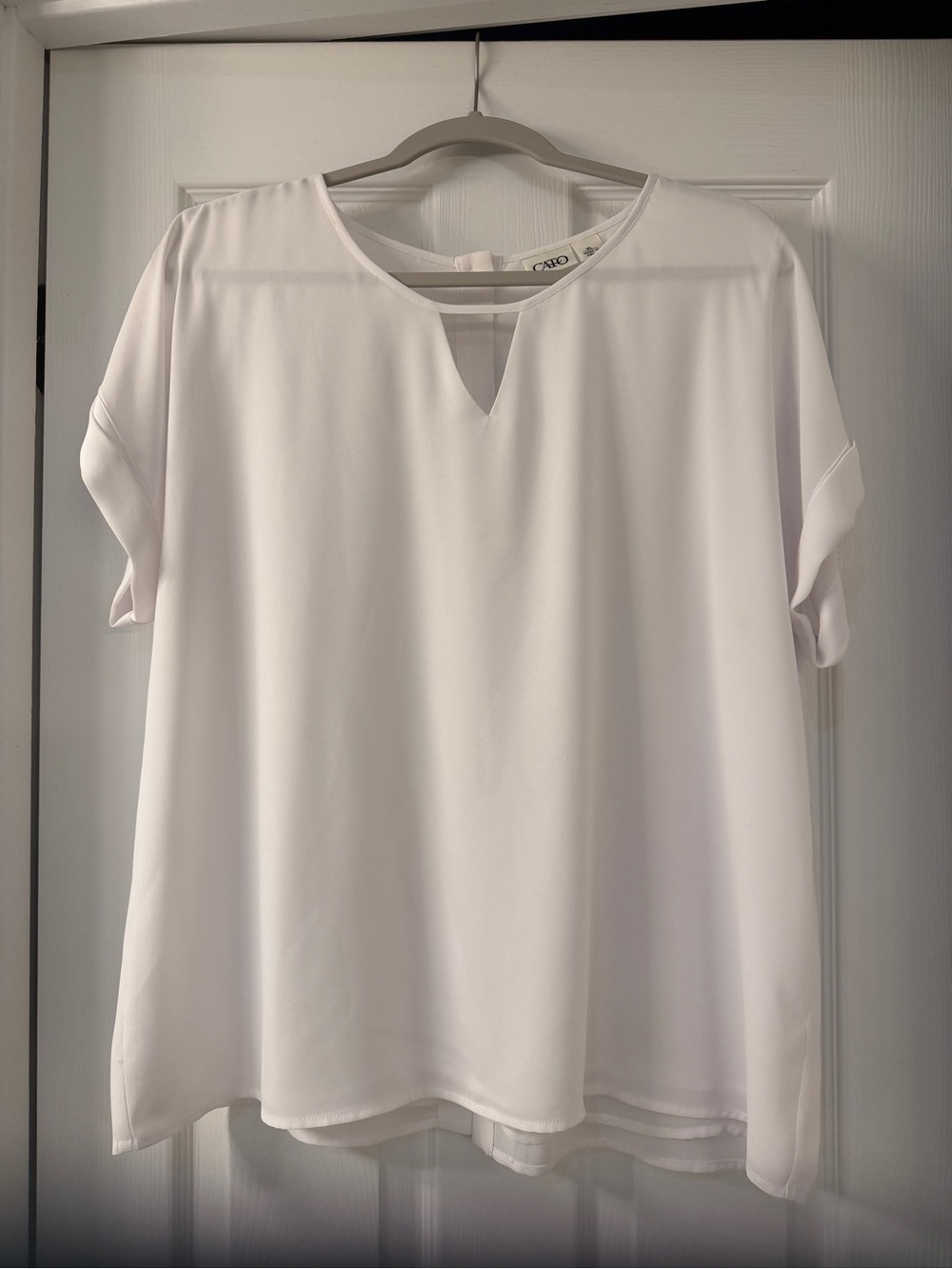 Cato White Short Sleeve Notch-Neck Blouse, button-down back